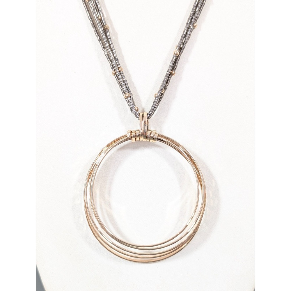 Cato Gold Tone Round Hammered Pendant Gray Beaded Neckalce Boho Coastal Chic 32"